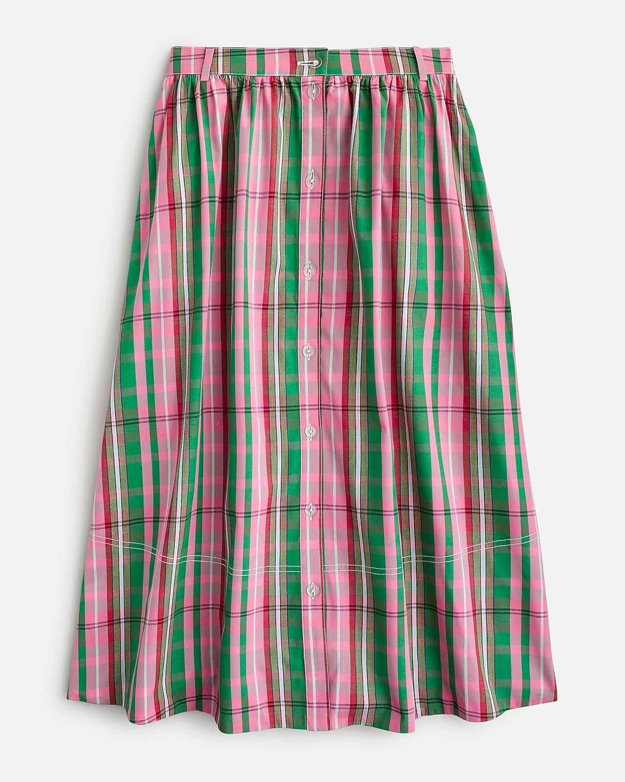 J CREW Midi Skirt 16 Pink Green Plaid Check Organic Cotton Button Front Pocket