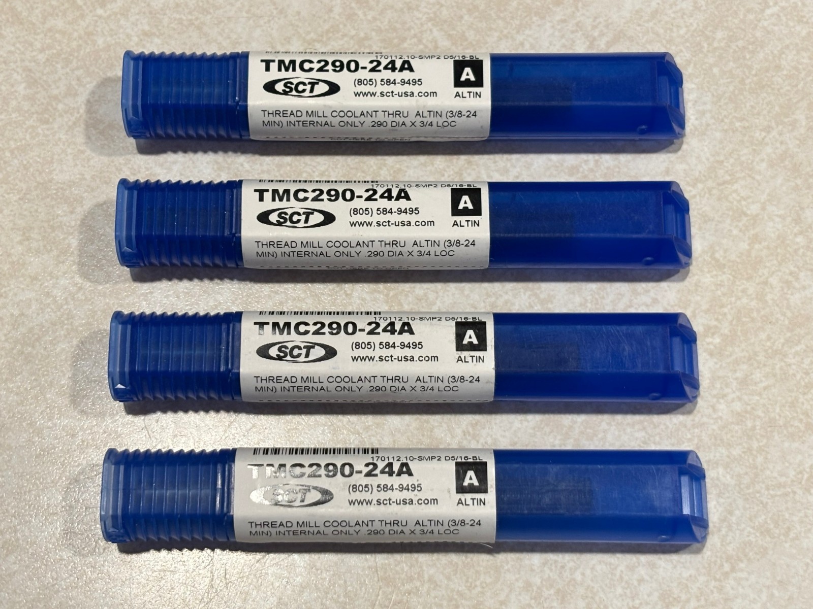 LOT OF 4: SCT 3/8-24 THREAD MILL COOLANT THRU CARBIDE ALTIN .290 DIA X 3/4 LOC