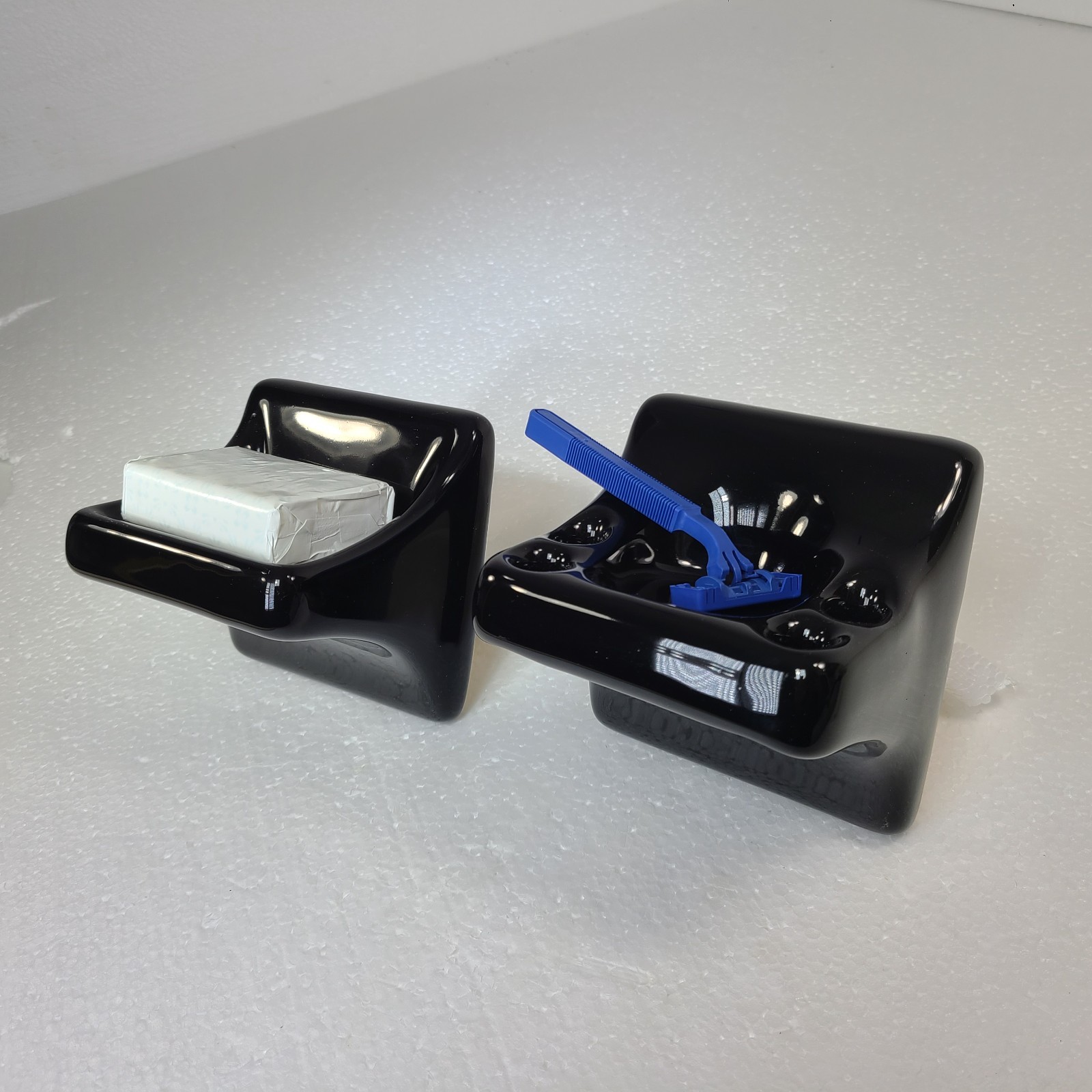 Vintage Black Ceramic Tile Soap Dish Tumbler Cup Tray Toothbrush Holder Set