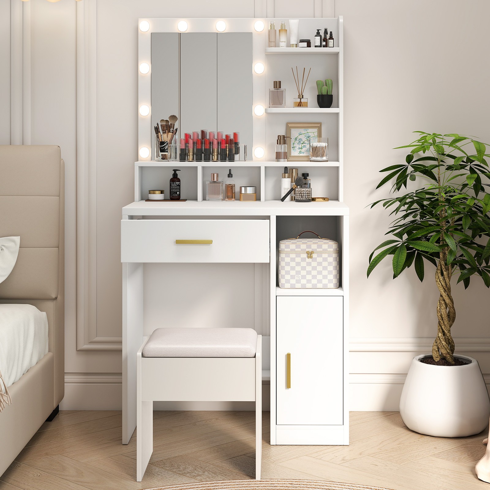 LED Makeup Vanity Table Set with 10 Lights Mirror Drawers Stool Dressing Desk