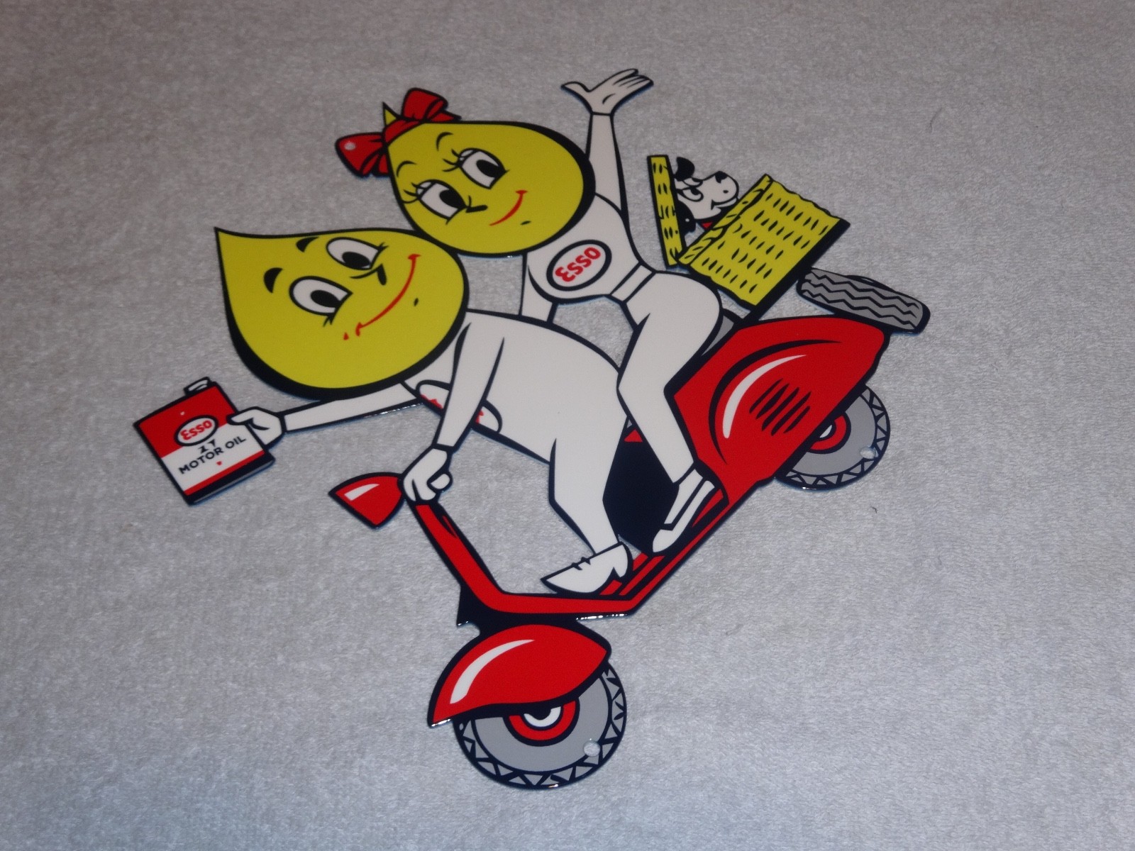 VINTAGE ESSO OIL DROP BOY & GIRL ON VESPA SCOOTER W/ DOG 12" METAL GASOLINE SIGN