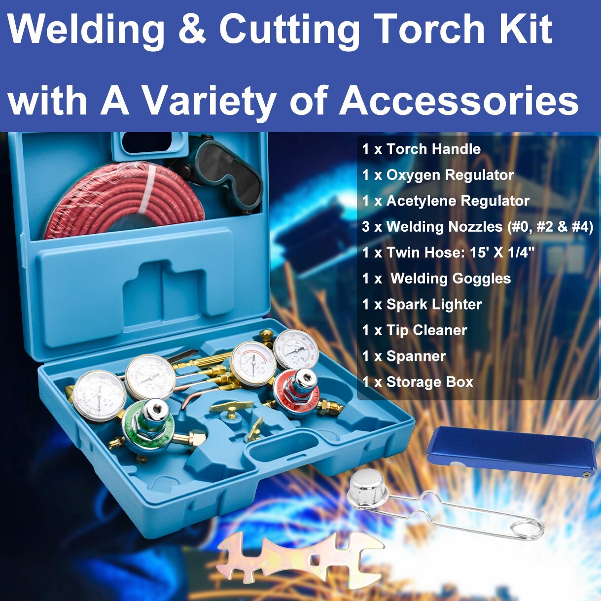 Cutting Welding Torch Kit Oxygen & Acetylene Welding Kit w/15' Hose Glasses Case