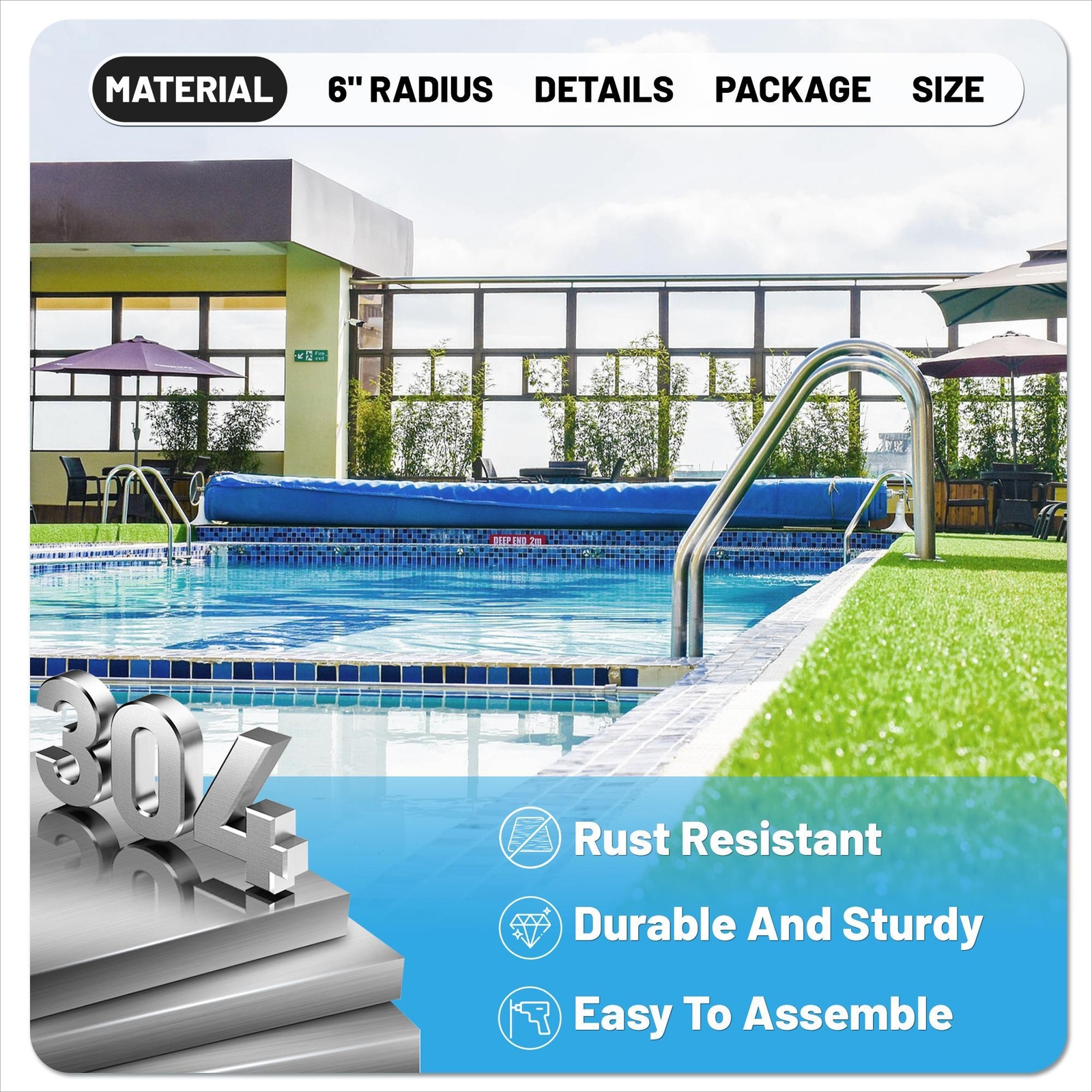 KOJEM Non-Slip 3-Step Stainless Steel Swimming Pool Ladder For In-Ground Pools