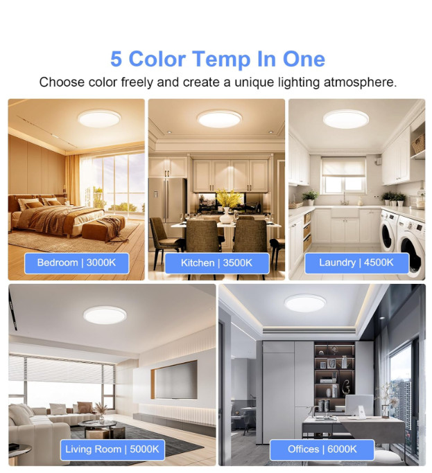 2Pcs/PK 12 Inch LED Flush Mount Ceiling Light 24W 5Color Temperature Adjustable