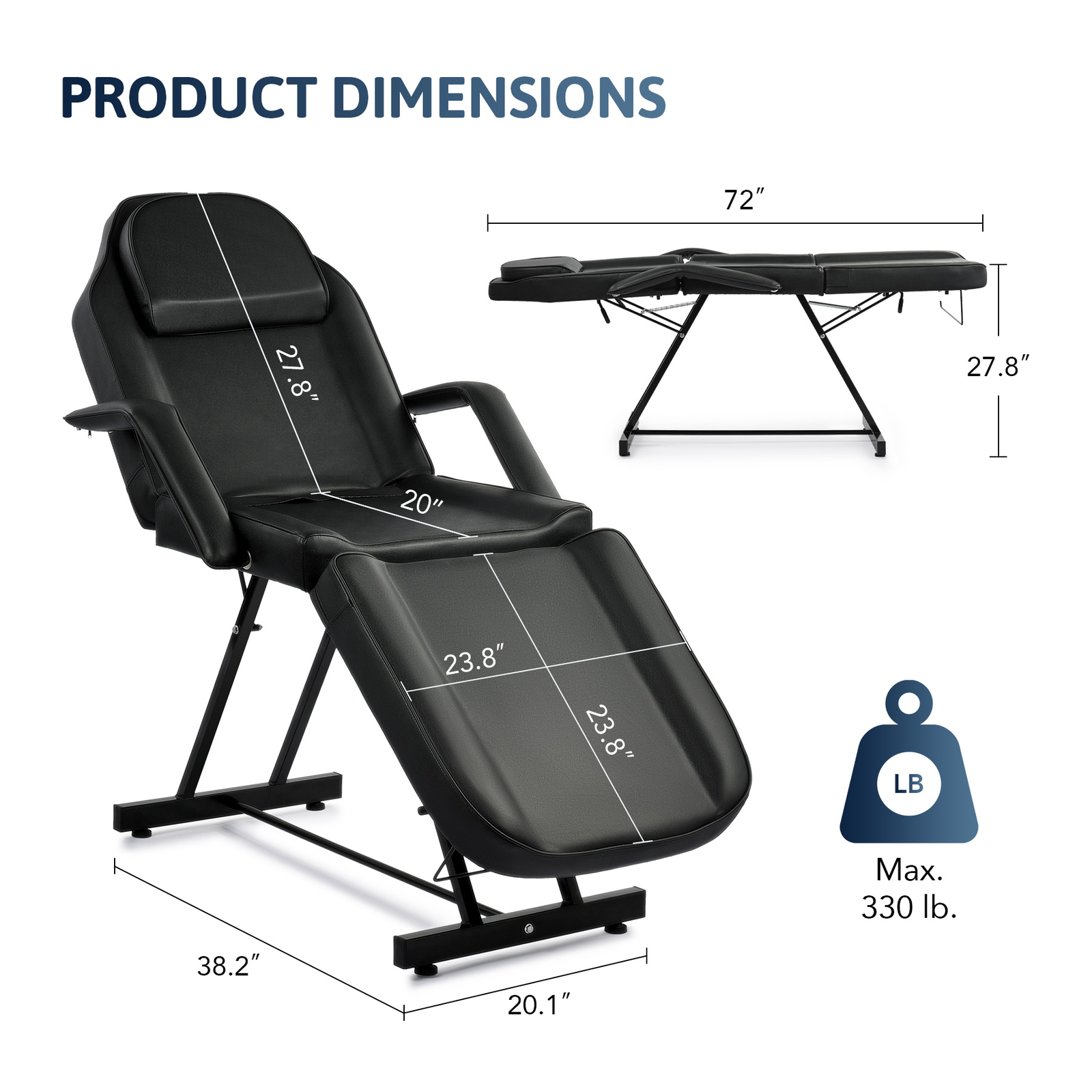Adjustable Massage Bed w Chair Professional Salon Equipment for Home Salon Black