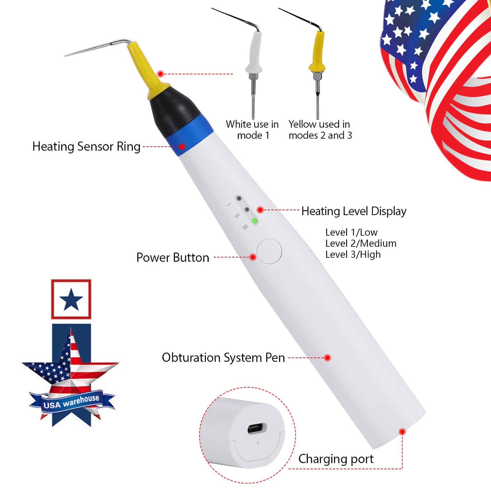 USA Dental Gutta Percha Obturation System Endo Heated Pen Cordless with 2Pc Tips