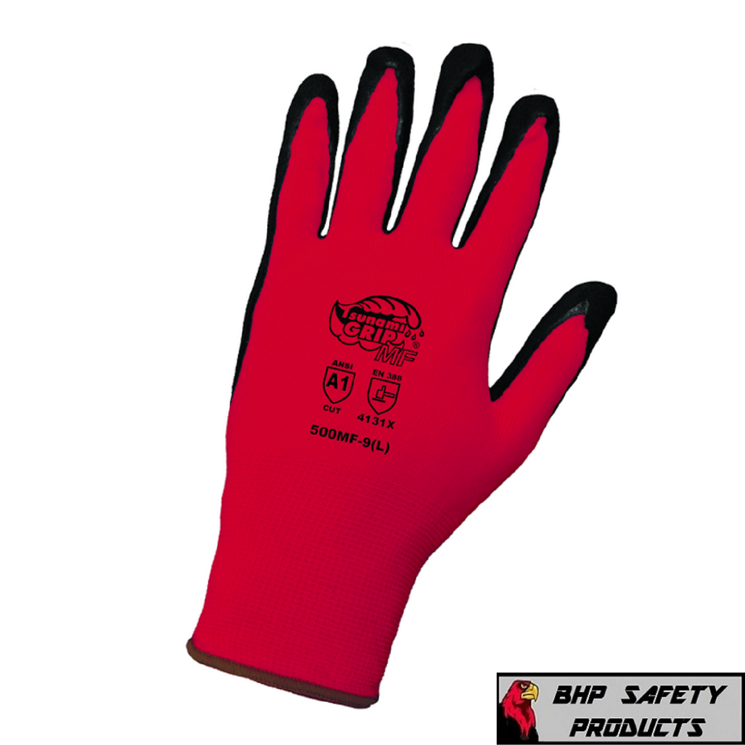 12 PAIR WORK GLOVES NITRILE COATED RED NYLON GLOBAL 500MF TSUNAMI GRIP (SM-XL)