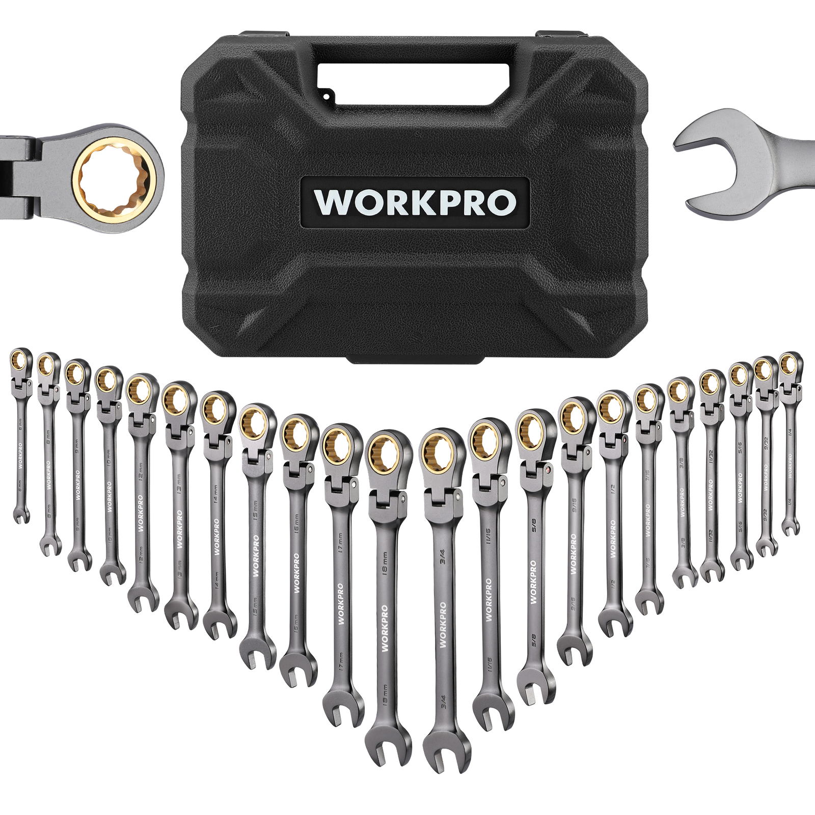 WORKPRO 22-Piece Flex-Head Ratcheting Wrench Set Metric 6-18mm & SAE 1/4-3/4"