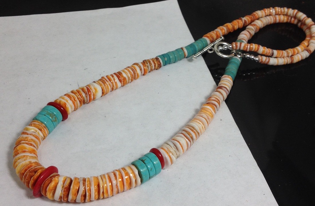 orange/white spiny oyster shell/turquoise/coral heishi necklace 22"(g180v-w1)