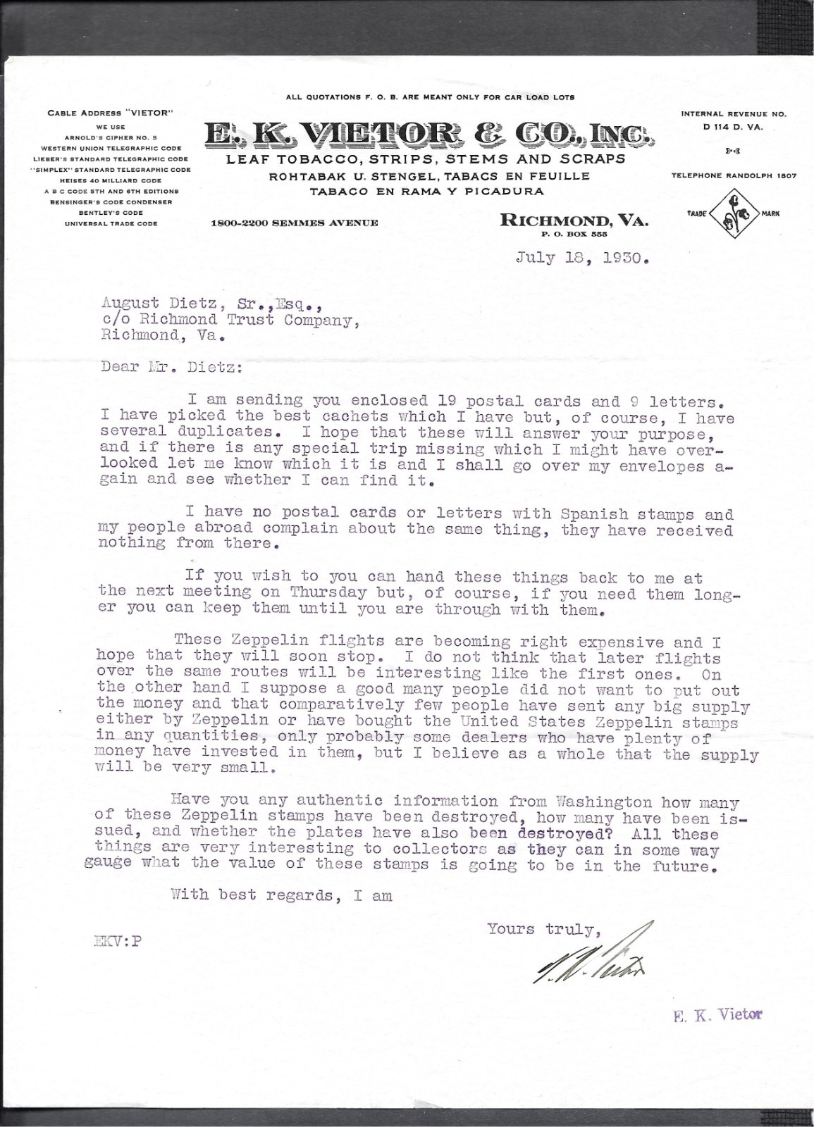 1930 Zeppelin Letter August Dietz (Father Confederate Philately) !Stamp History!