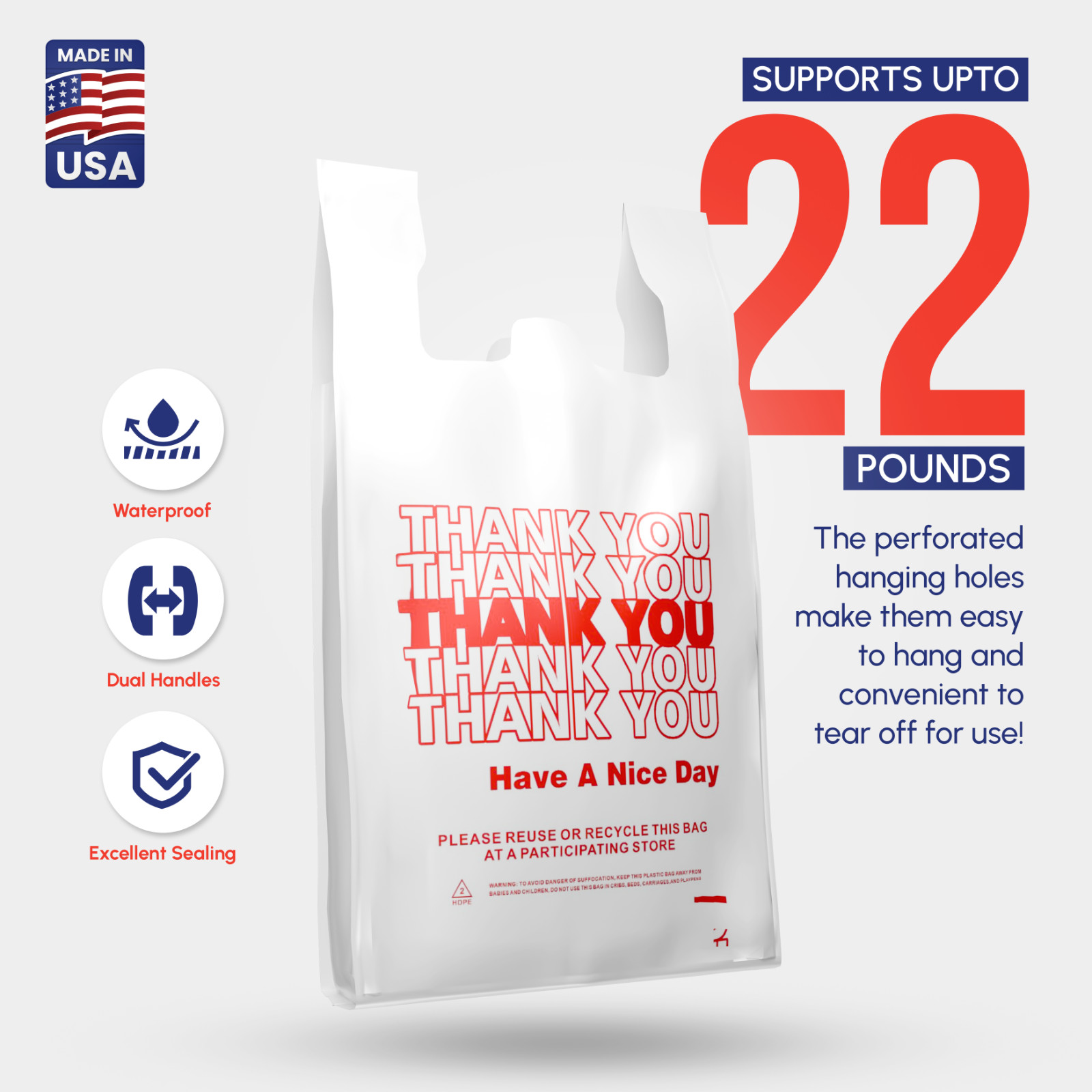 Thank You Plastic T-Shirt Bags 11.5x6.5x21 for Grocery Retail Shopping 100 pack
