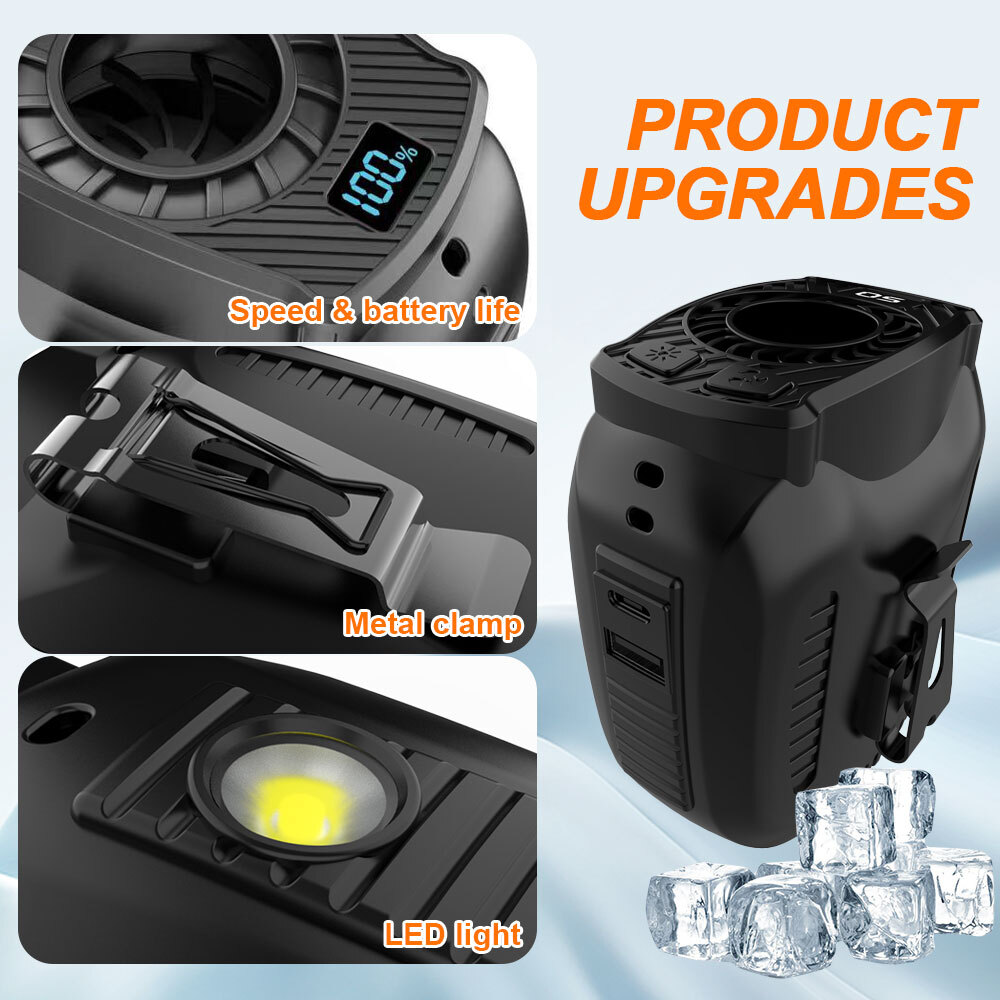 Portable Waist Clip Fan with LED 10000mAh USB Rechargeable Hanging Belt Cooling