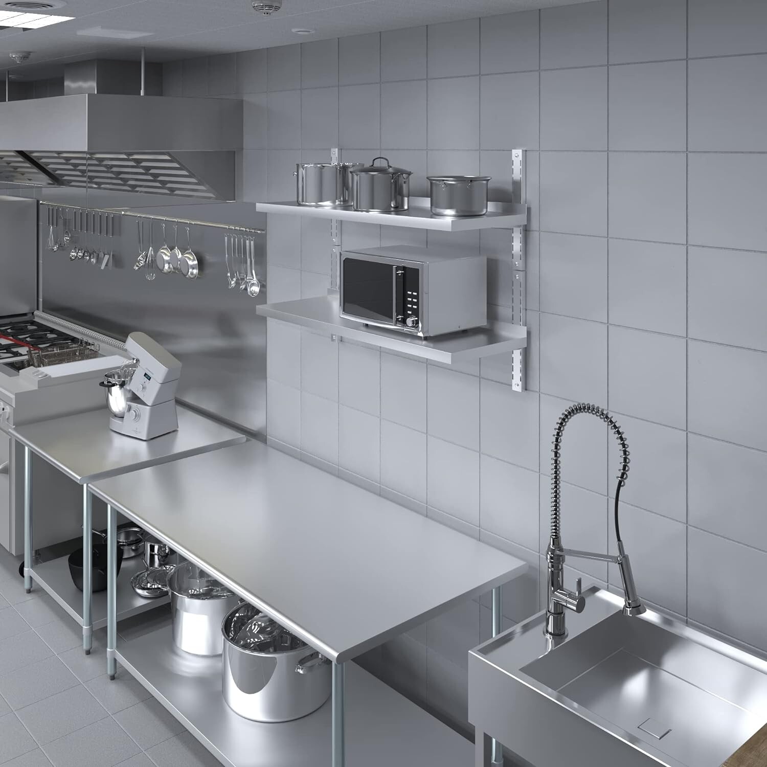 16" x 60" Two-Tier Metal Wall Mount Shelf | Stainless Steel Commercial Shelving