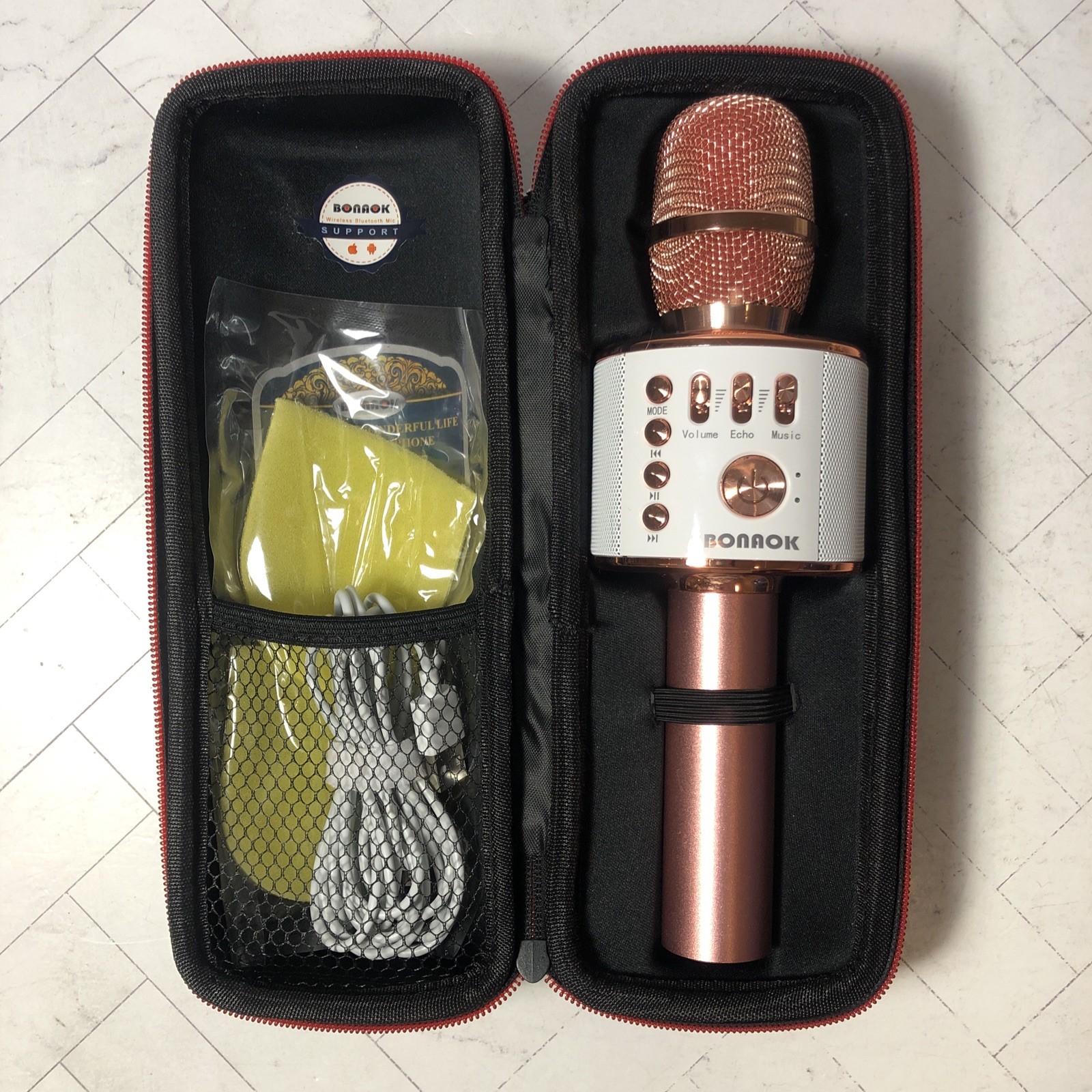 BONAOK Wireless Bluetooth Karaoke Microphone 3 in 1 Portable Mic Rose Gold +Case