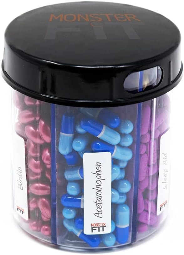 Monster Jr Supplement Pill Dispenser with Labels (Clear or Blue)