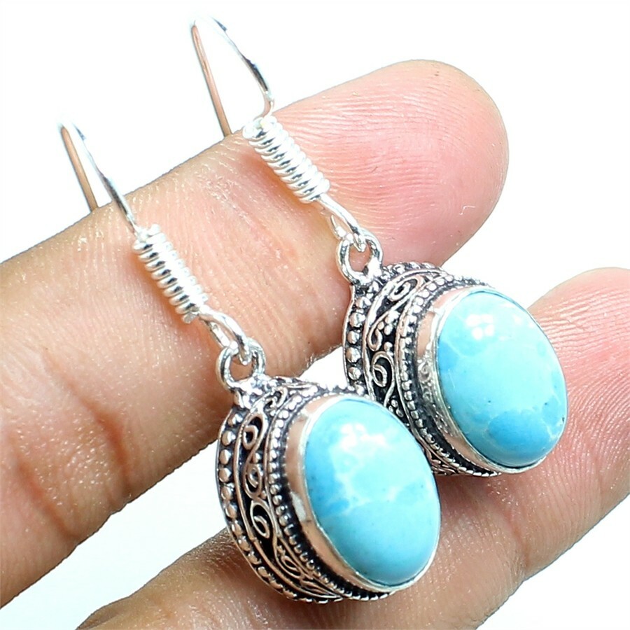 Caribbean Larimar Gemstone Handmade 925 Sterling Silver Jewelry Earring Sz 1.2''