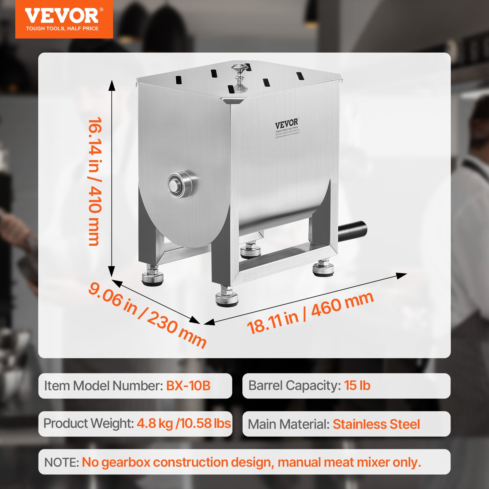VEVOR Manual Meat Mixer Fixed Tank Mixing Max 15LB for Meat Sausage Mixer