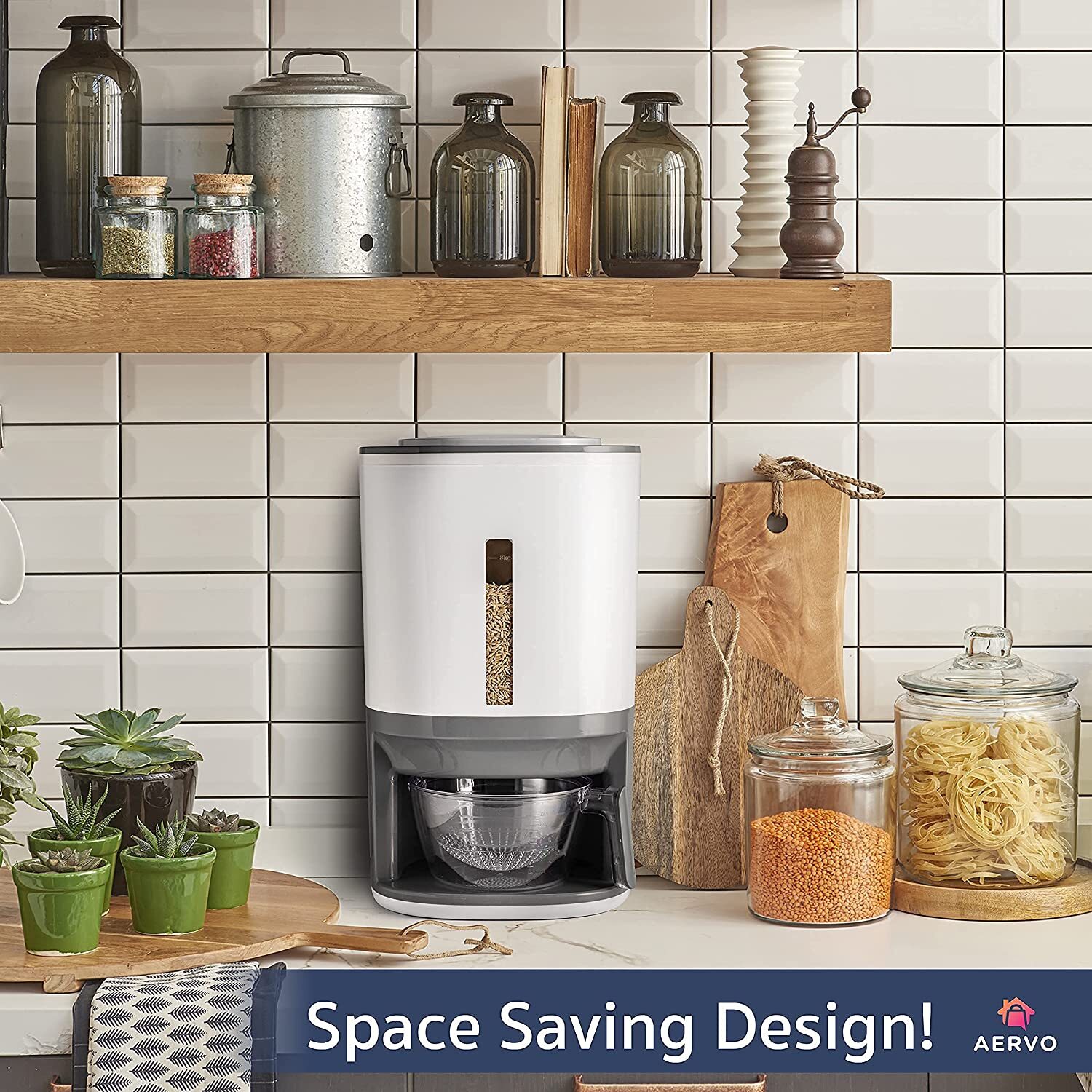 Rice Dispenser - 25 lbs Capacity with Measuring Cup - Airtight Dry Food Storage