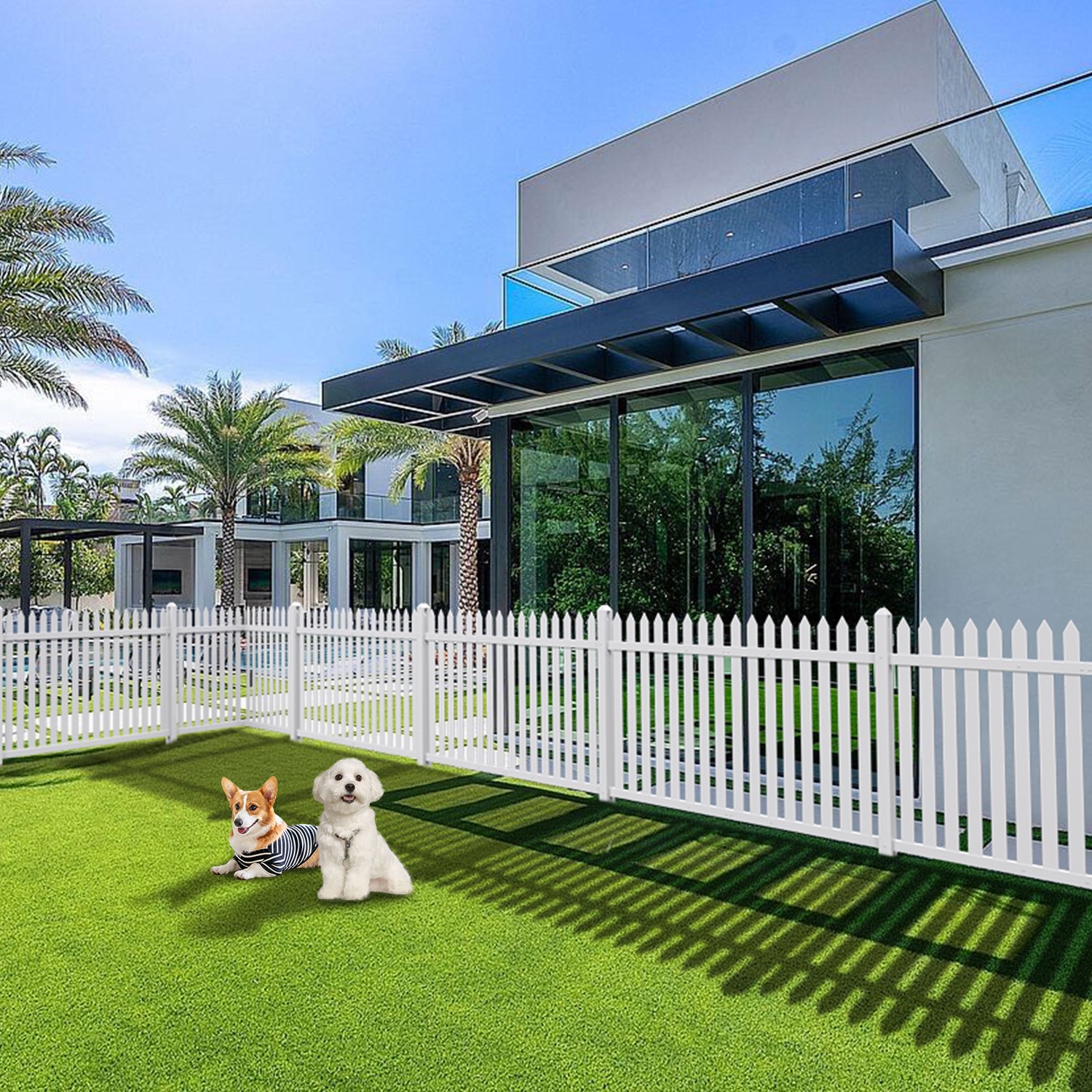 84''Wx 30''H Vinyl Picket Fence Garden Fence Panels w/20 Pickets for Soft Ground