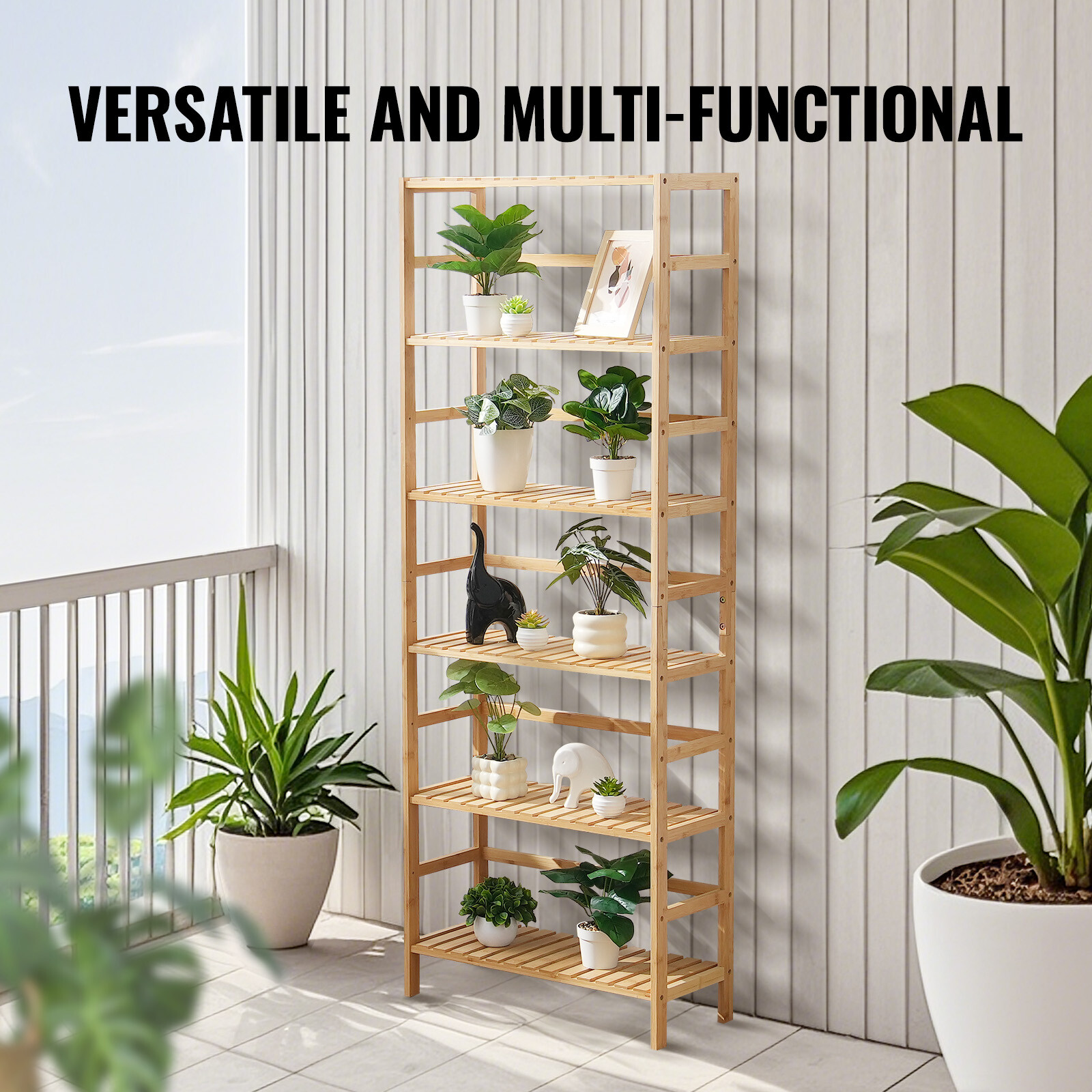 6-Tier Bamboo Ladder Bookcase 63" Display Shelf Storage Rack Plant Flower Stand