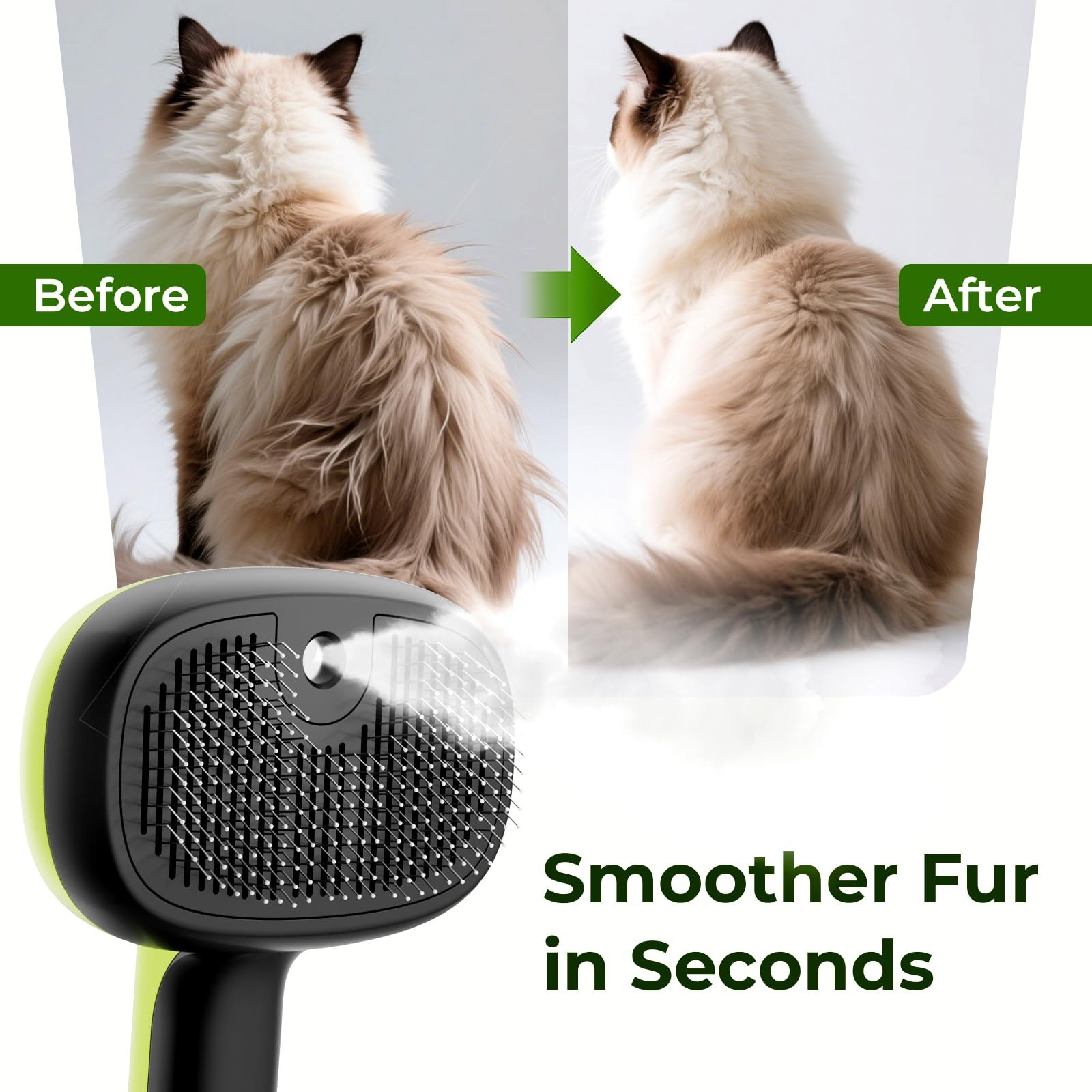 Pecute Cat Steam Brush, Self-Cleaning Brush with 2 Water M, Green