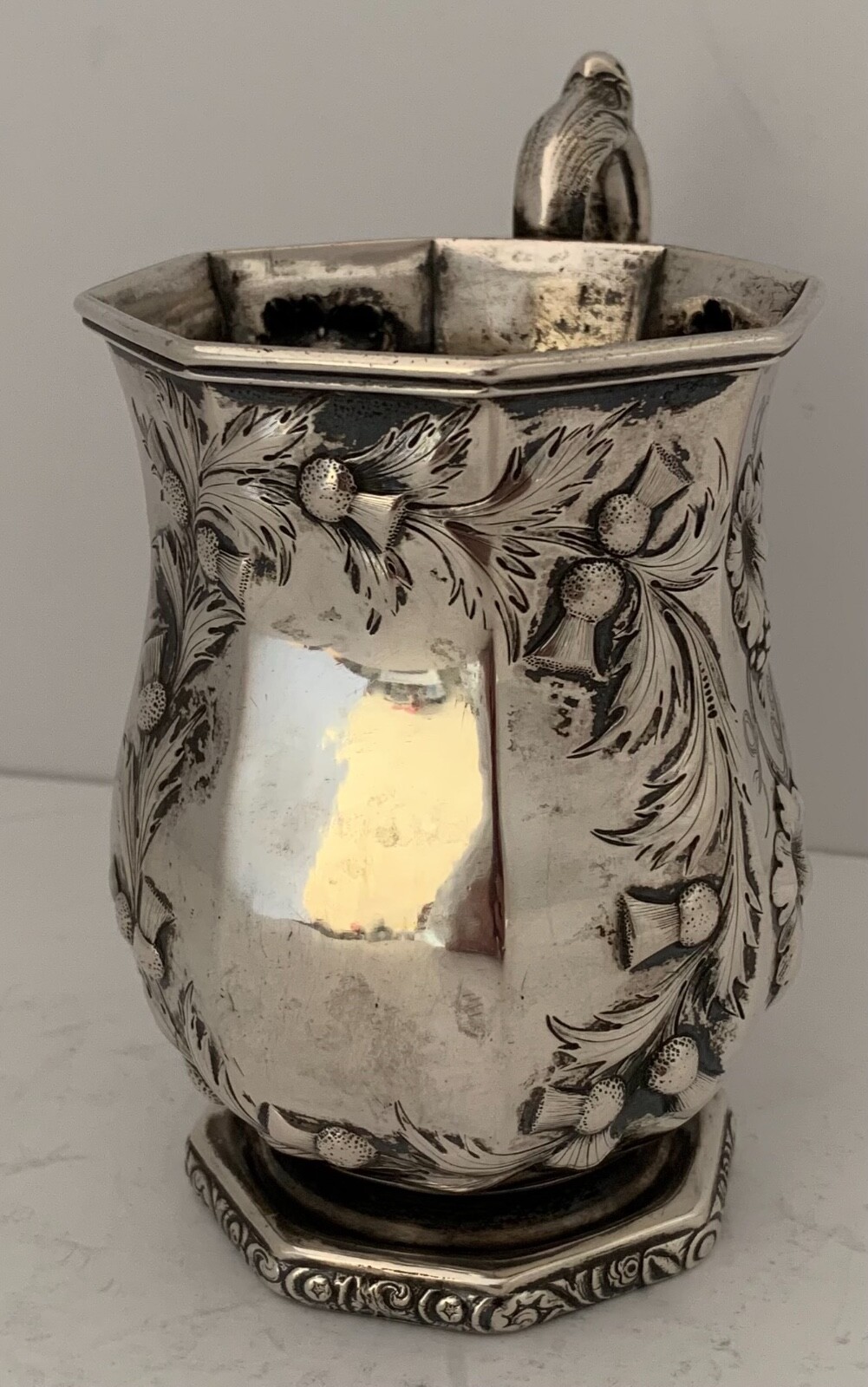 MONSTER AMERICAN COIN SILVER CHASED GRAPES & THISTLES 10.8 OZT CUP R RAIT 1850