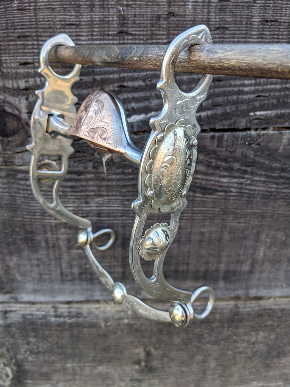 Western Silver Show Bit - Oval Concho - Copper Hood & Roller - 5 Inch Mouth