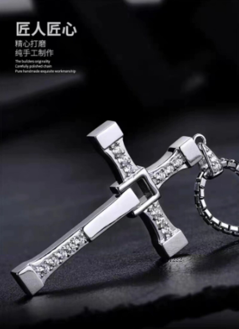 Men's Pure Silver Necklace Vin Diesel Cross Hip-hop Men's Pendant Necklace Gift