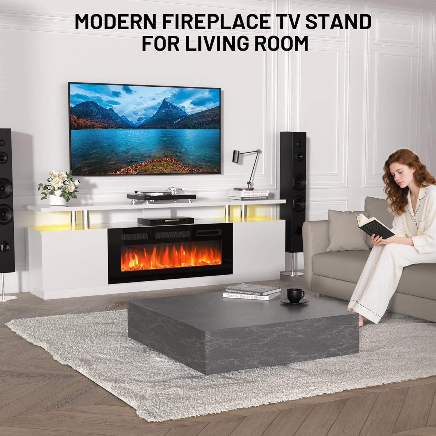 70 In 2 Tier TV Console Stand Cabinet With 36 In Electric Fireplace Heater White