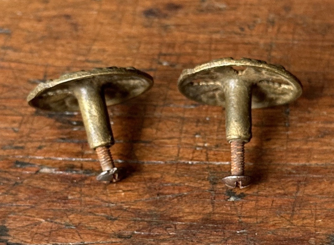 #2086-TWO Antique Cast Brass Victorian 19th C. Drawer Pulls Knob Match 1 1/2" d.