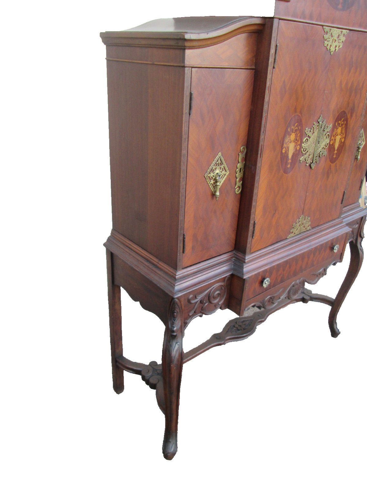56654 Vintage French Inlaid Urns China Bar Cabinet Curio