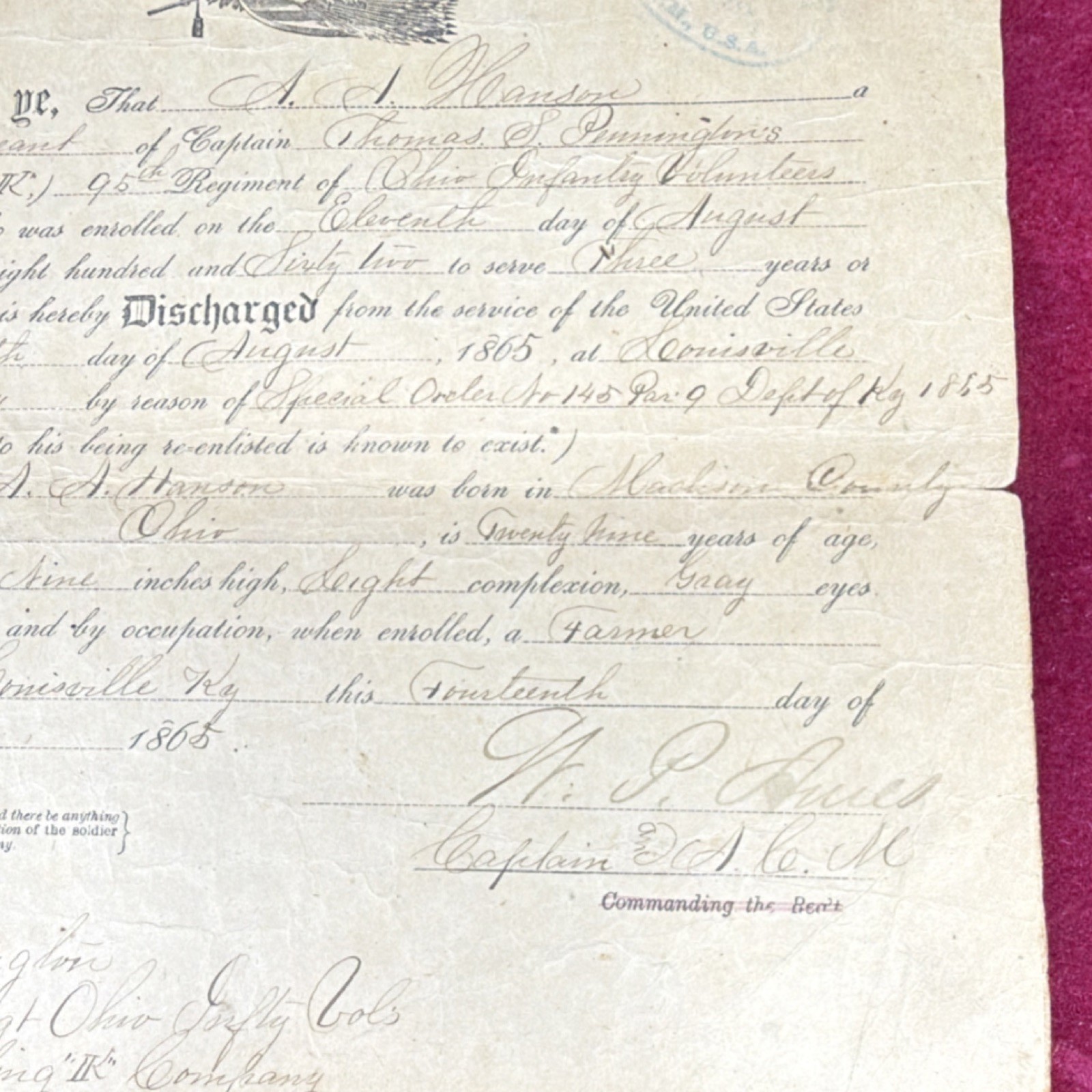 United States Military Discharge Paper Silver War Era Dated August 1865