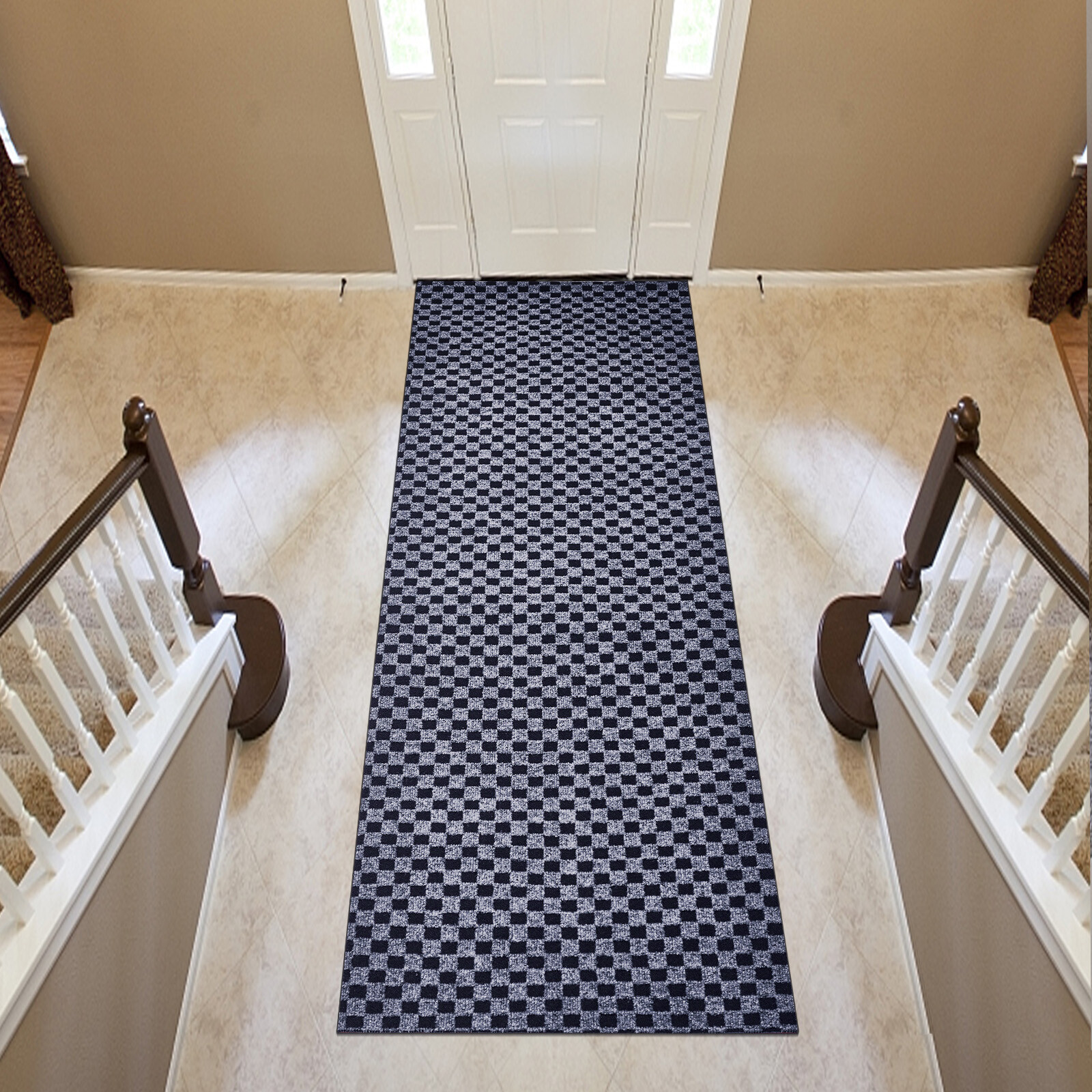 Runner Rug Hallway Non Slip Rubber Back Custom Size as Carpet Doormat Checkered