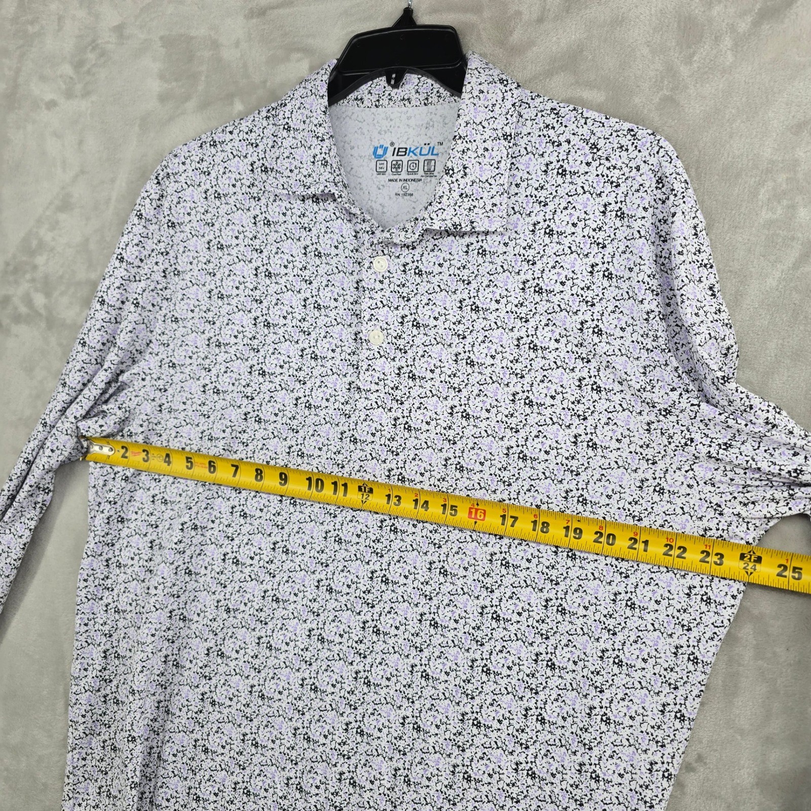 IBKUL Mens XL Long Sleeve Floral Print Golf Polo Shirt UPF 50+ Quick Dry