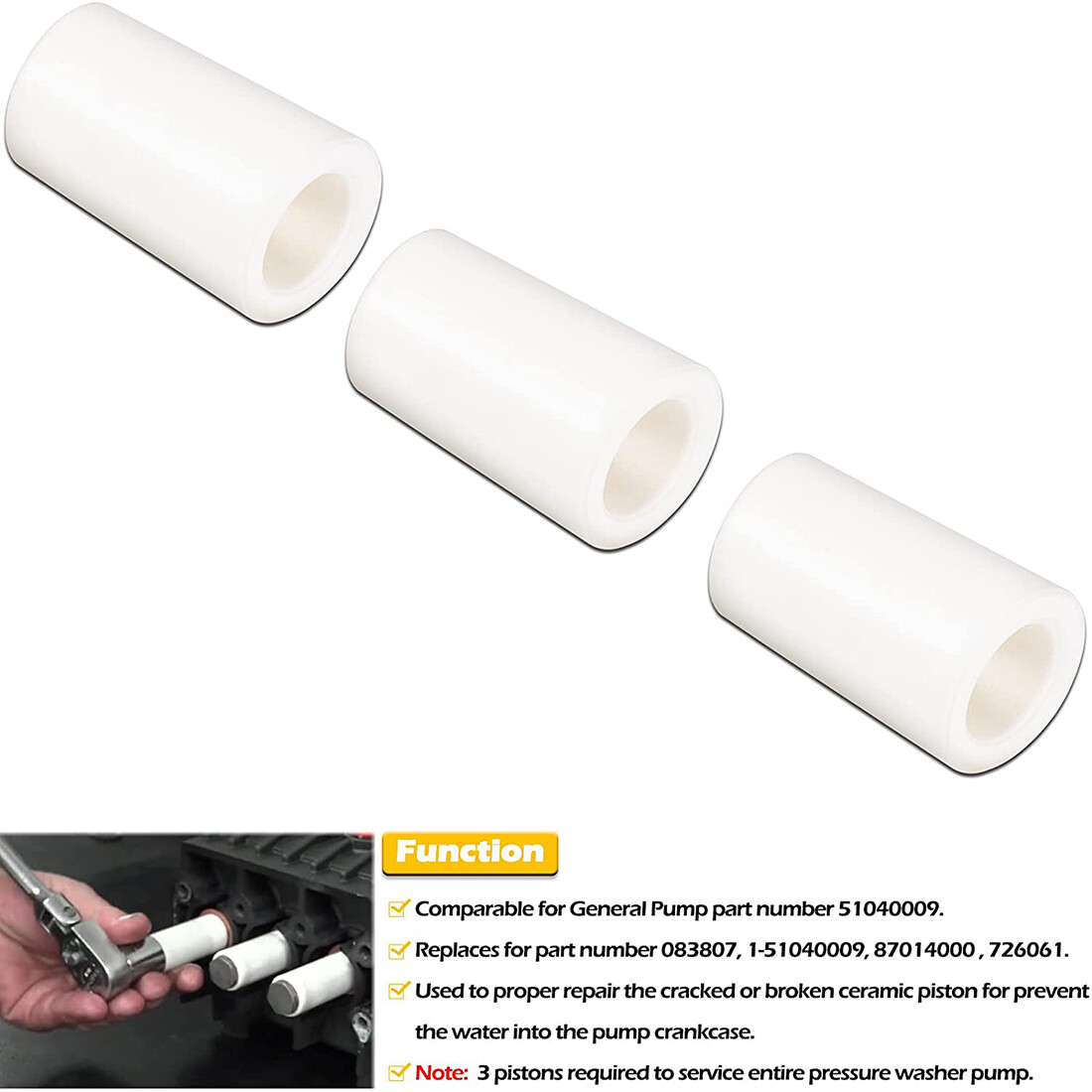 3-pack General Pump 51040009 Replacement CERAMIC PISTON 15mm fits EZ TX Pumps