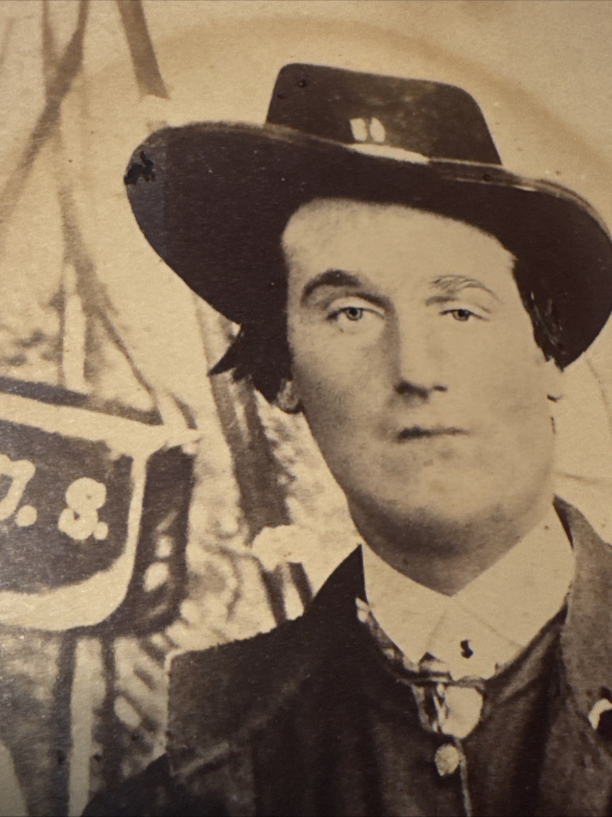 Civil War Union Soldier Albumen Image Slouth Hat Cartridge Box Tent Background