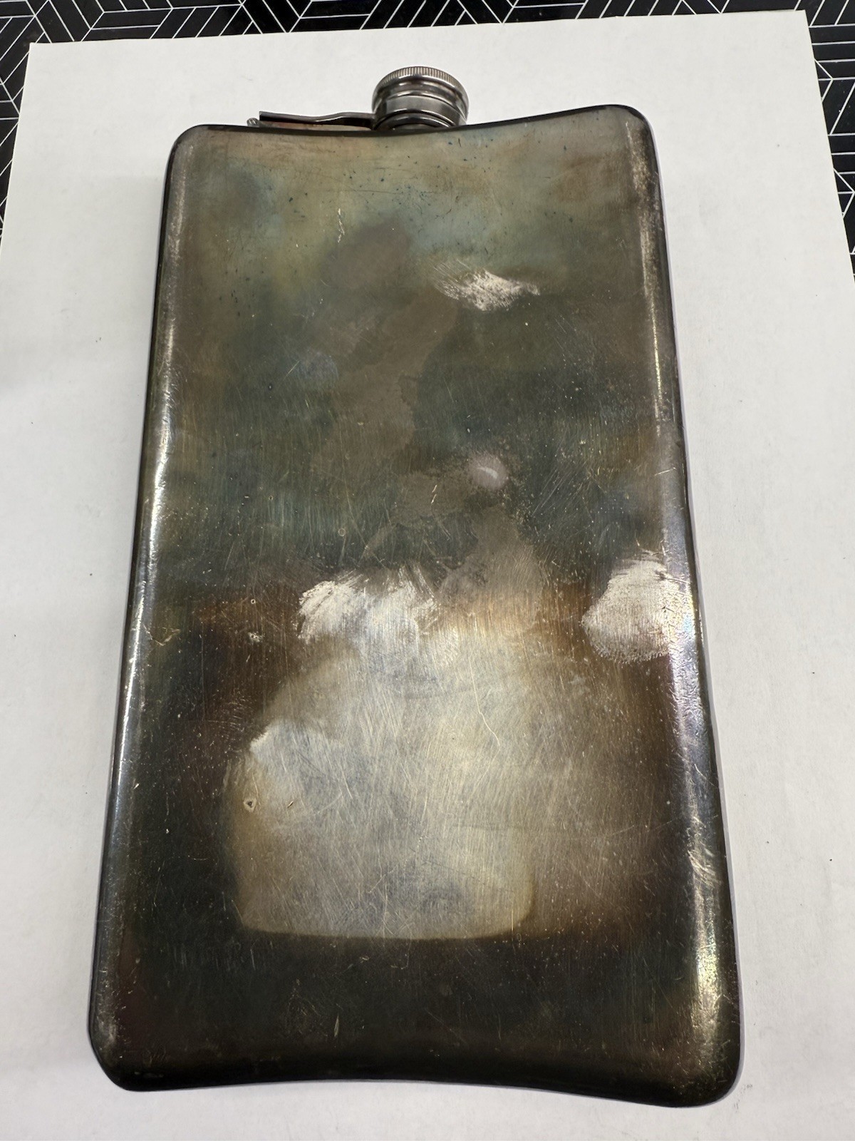 Dented / Damaged MERIDEN B SILVER PLATE Whiskey Flask - Golf Monogram