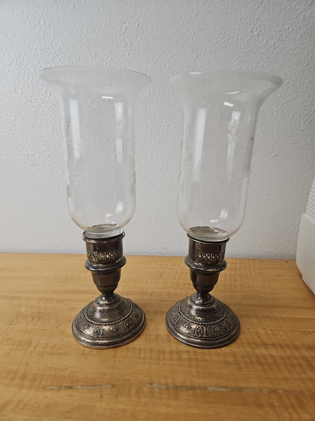 Pair Of Wallace 4640 Sterling & Glass Hurricane Candle Holders, Silver