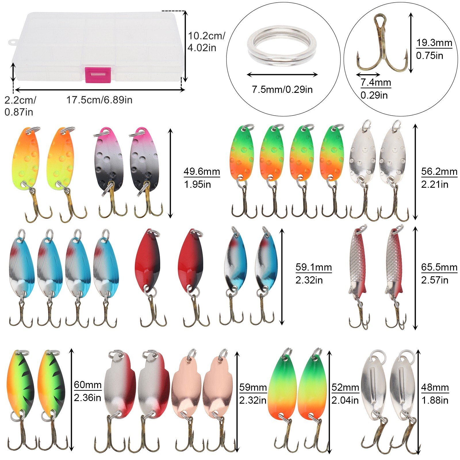 30pcs Fishing Lures Spinnerbait Bass Trout Salmon Hard Metal Spinner baits Spoon