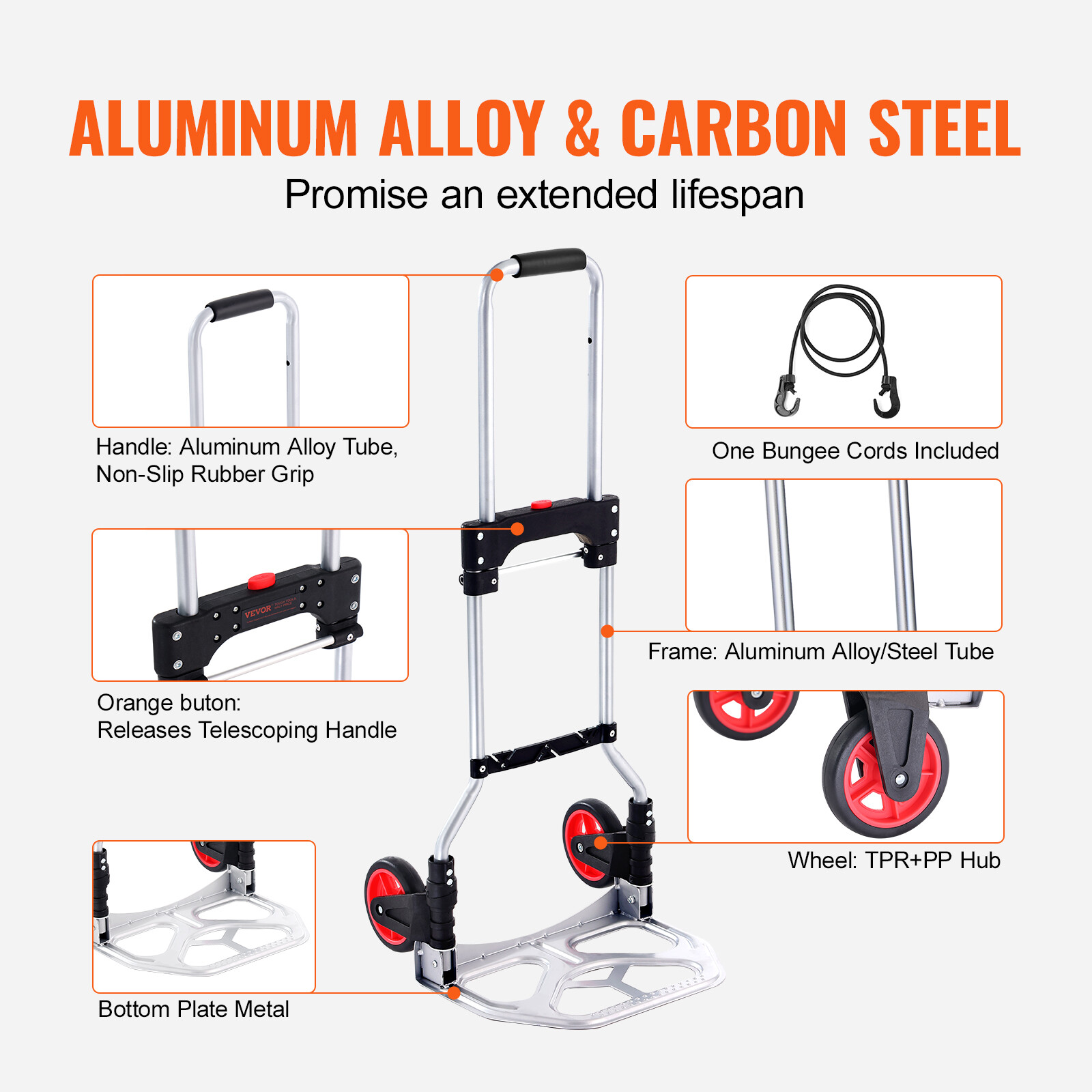 VEVOR Folding Hand Truck Aluminum Luggage Trolley Cart Dolly 176 lbs Bungee Cord