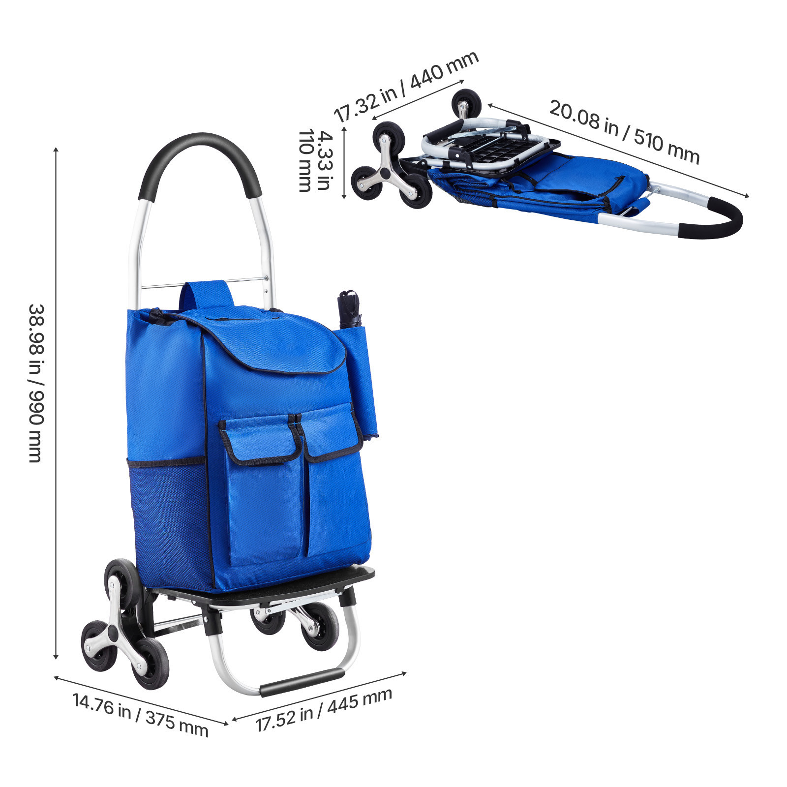 Stair Climbing Cart Foldable Shopping Cart 36L with 6 Wheels Storage Bag