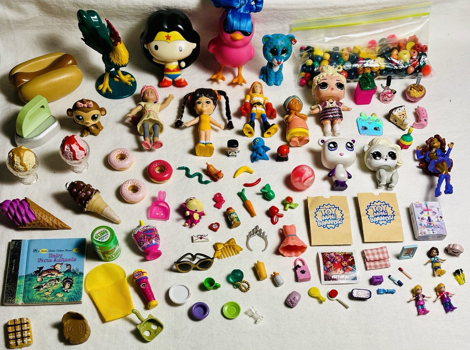 88 Piece + Girls Mixed Toy Lot Mini Dolls Pets Toys Food Mini Brands Figurines +
