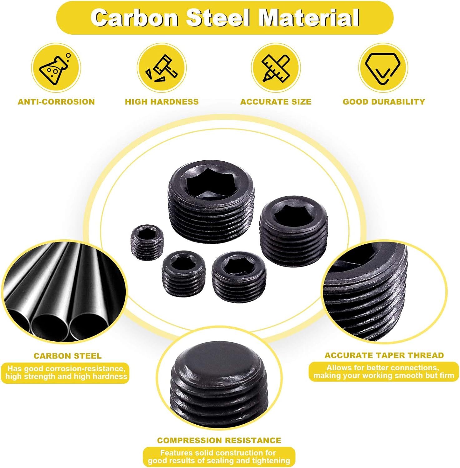 25Pcs NPT Plug Set Pipe Plug Assortment Kit 1/8" 1/4" 3/8" 1/2" 3/4" Carbon Stee