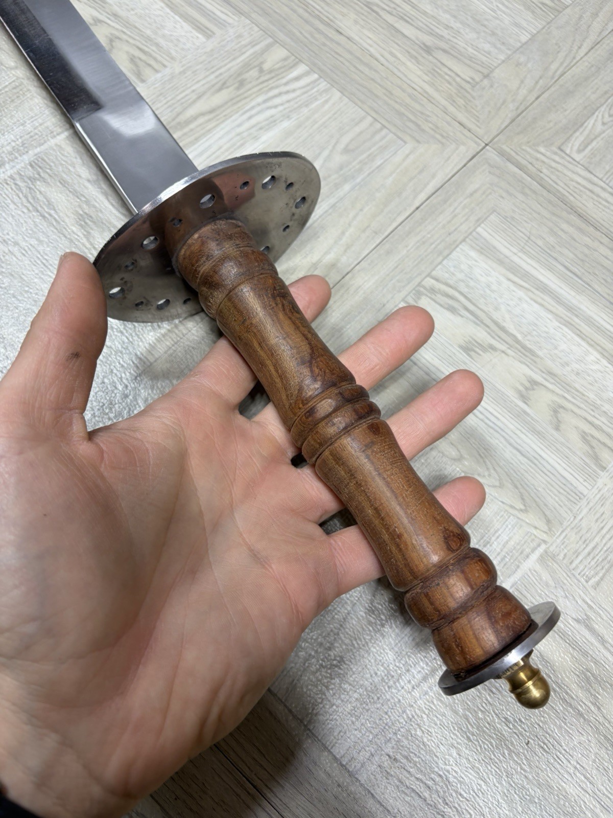 Pakistan Reproduction Battle Sword W Leather Sheath Wood Handle Metal Blade Vtg