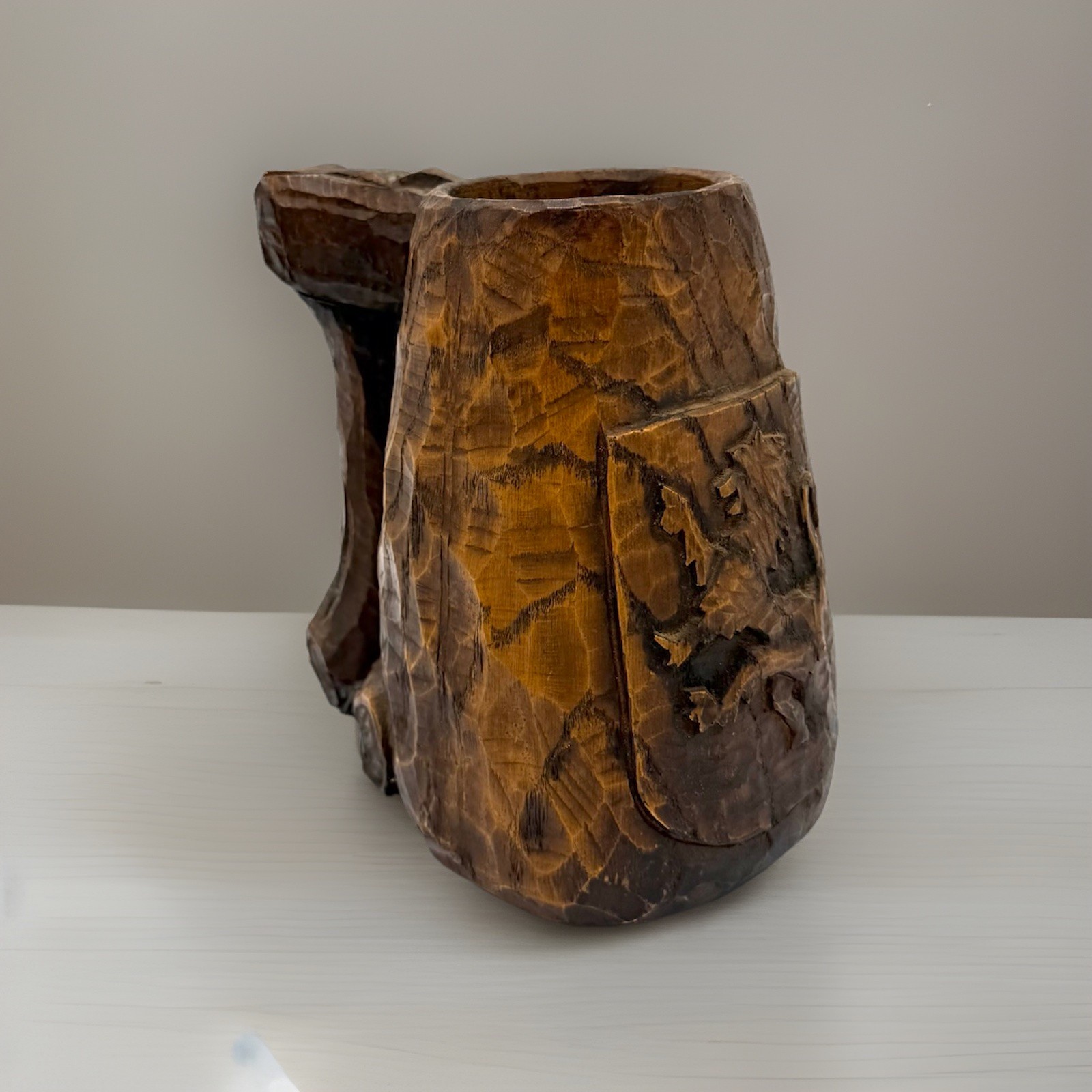 Hand Carved Wood Tankard Mug Lion Crest Rustic Medieval Decor