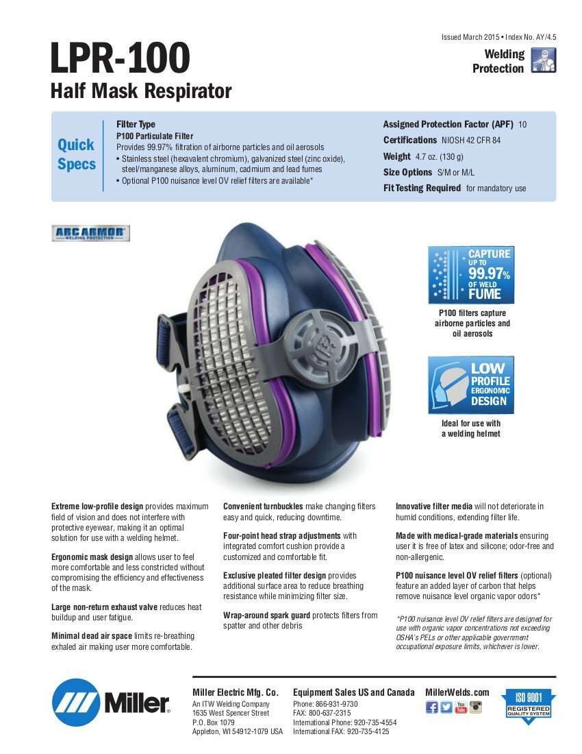 Miller ML00894 Half Face Mask Welding Respirator LPR-100 W/P100 Filters SML/MED