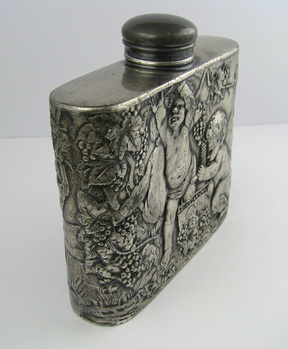 ANTIQUE SILVER PLATED FLASK LIQUOR FLASK Tipsy Cherubs Angels 1870s No Mono Rare