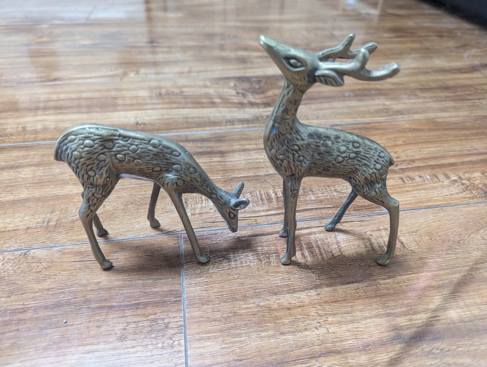 VTG Pair Brass Deer Figures Figurines Spotted Buck Doe MCM