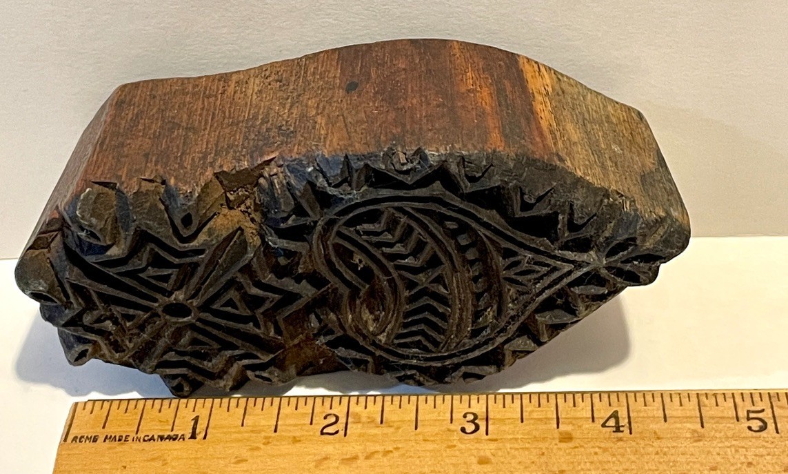 Vintage Heart Textile Printing Block Cross Star Hand Carved Wood 4.5" Long Stamp