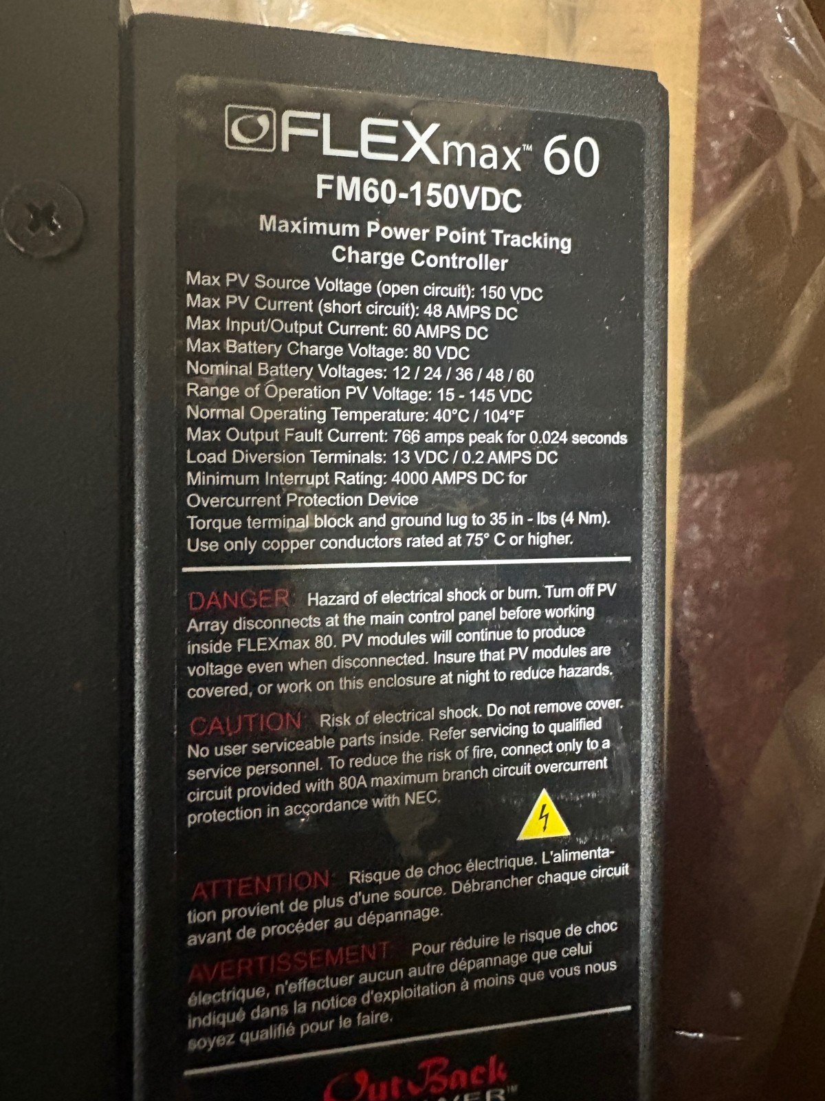 Outback Power FM60 FlexMax 60 MPPT 60 Amp Solar Charge Controller Fm60-150vdc